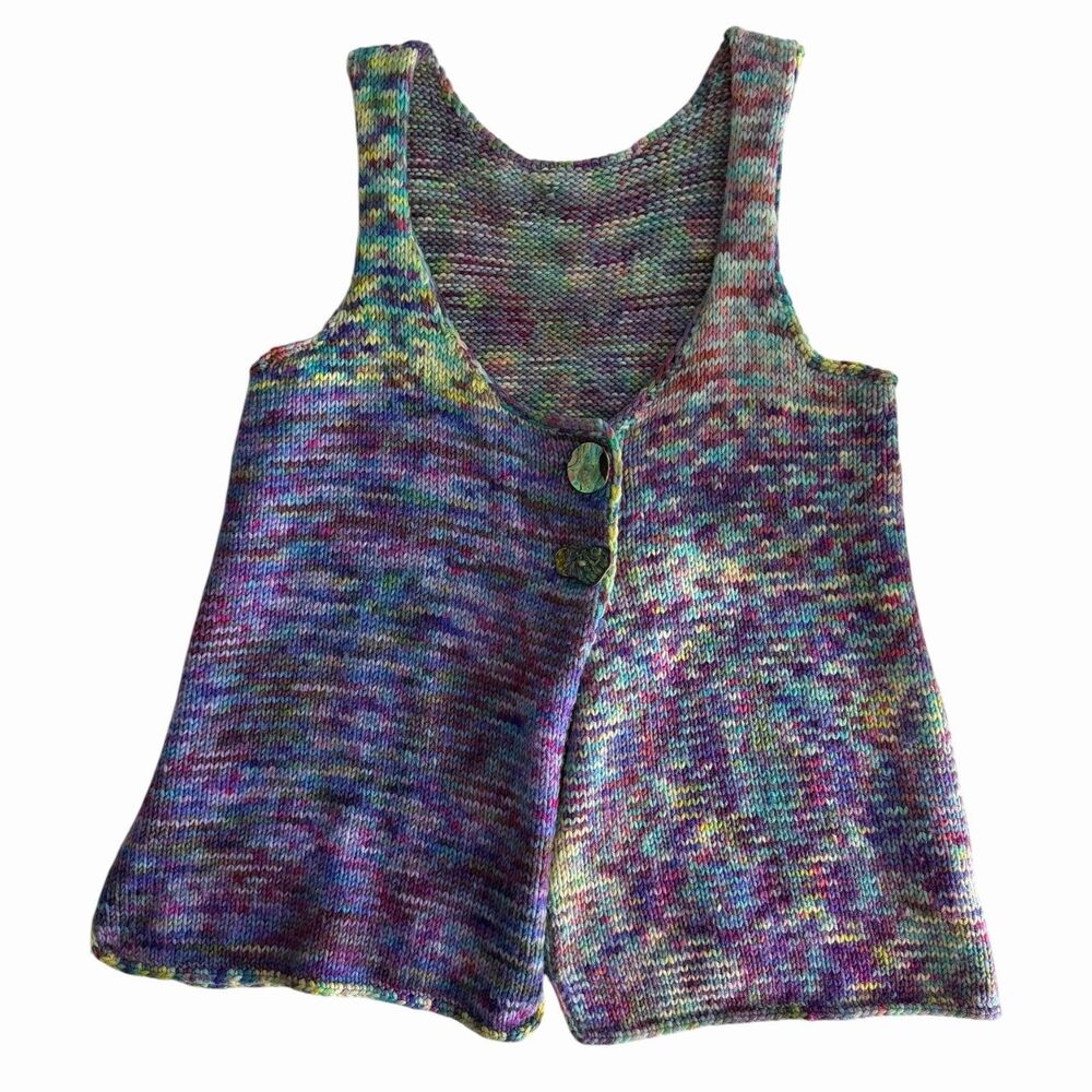 Handmade Knit Vest Space Dyed Yarn Abalone Shell Buttons Boho Cottagecore M / L